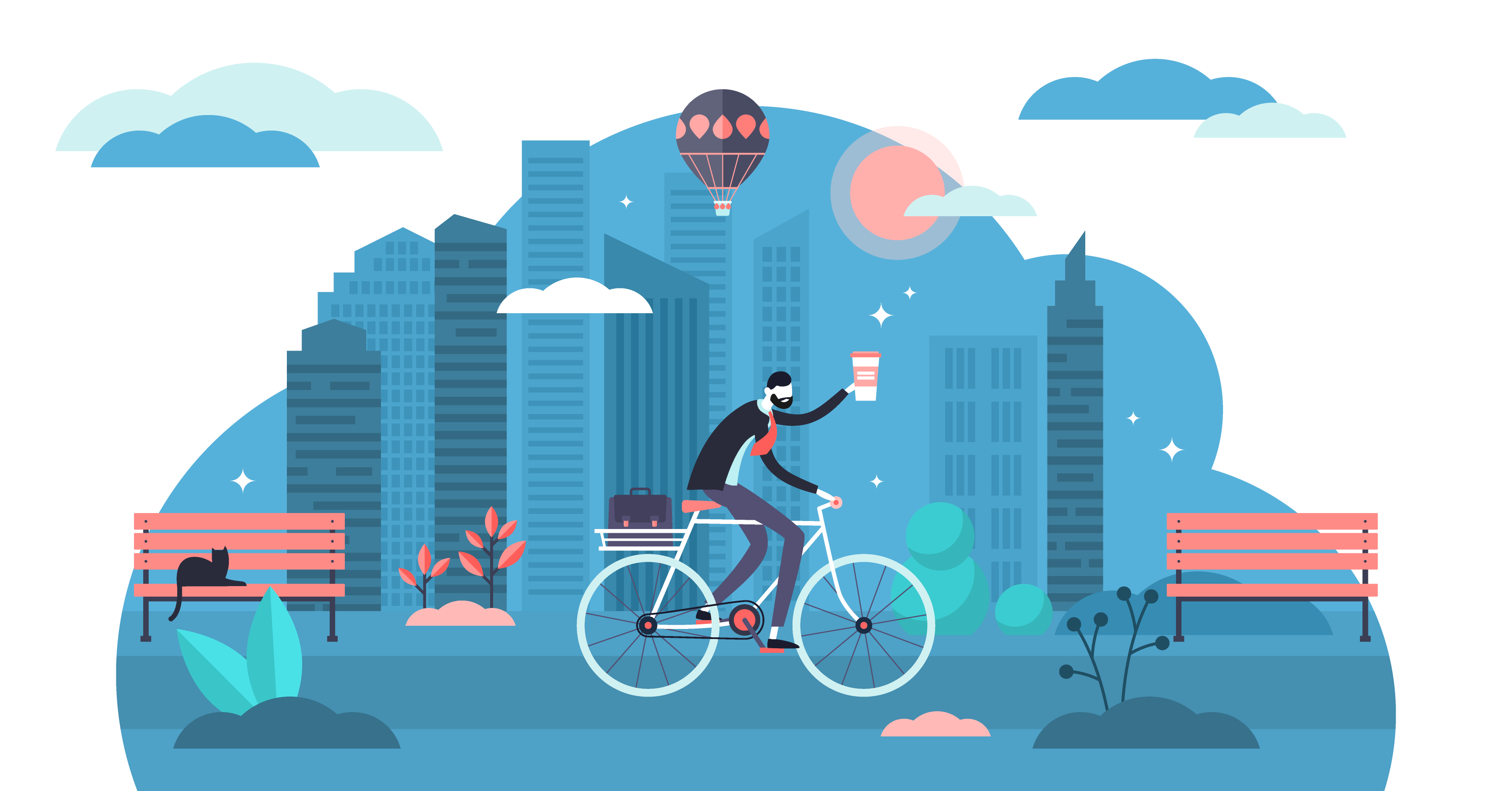 Man riding a bike through the park and holding a coffee cup