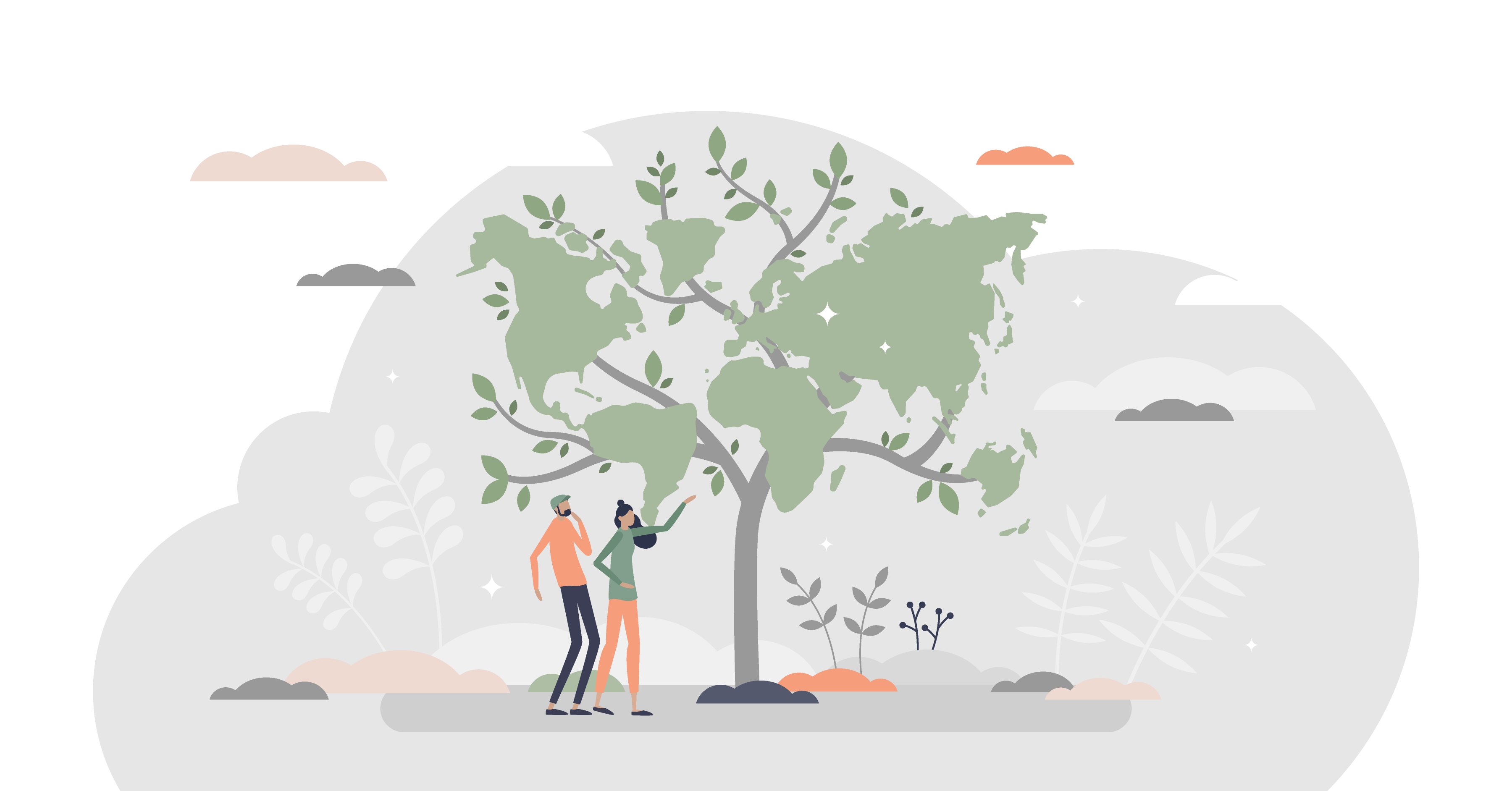 Two people looking at a tree that is made up of a map of the world