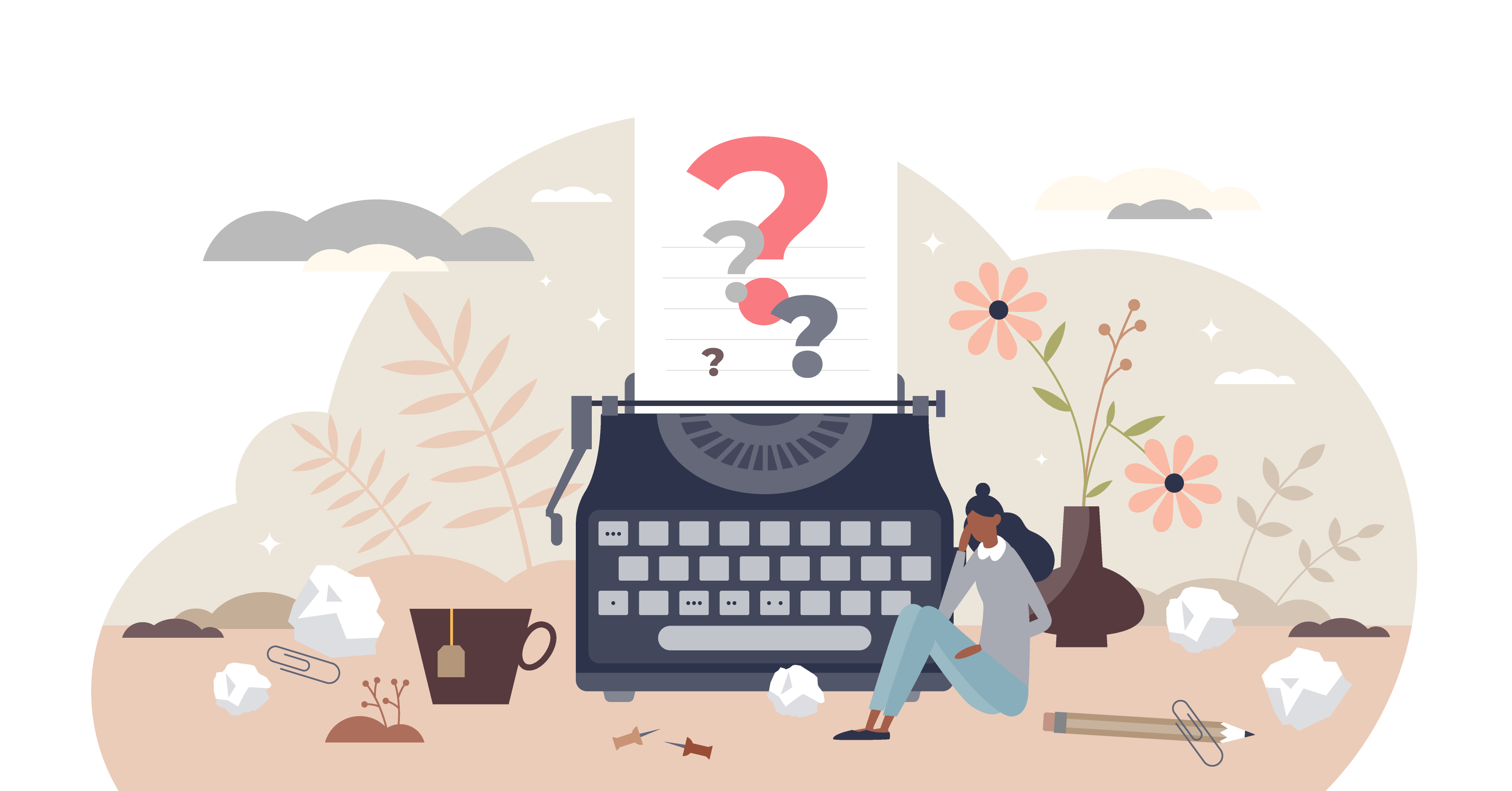 Girl sitting next to a typewriter wondering what to talk about.
