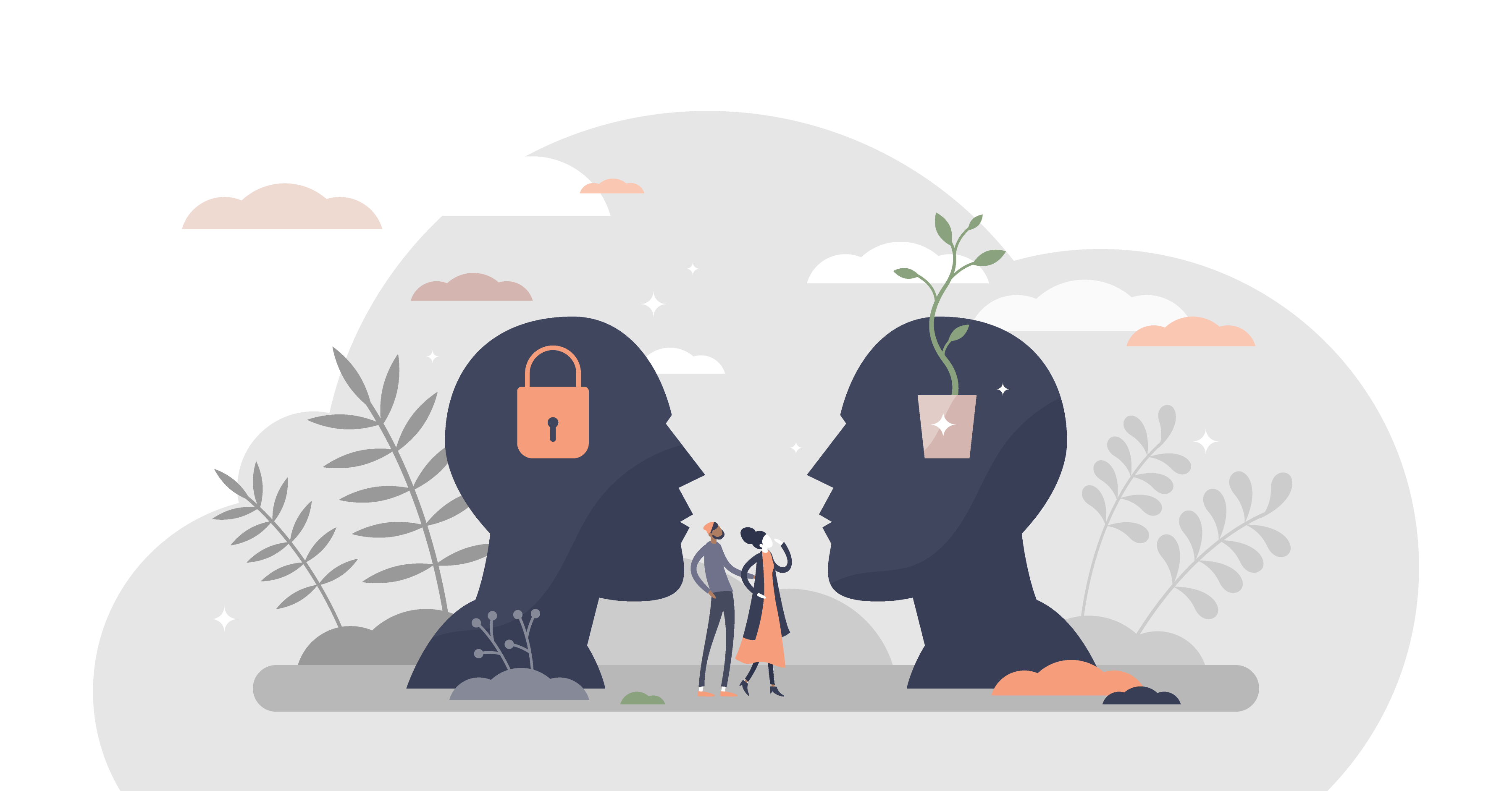 Two people are looking up at two heads, one with a padlock inside and the other with a plant pot. 
