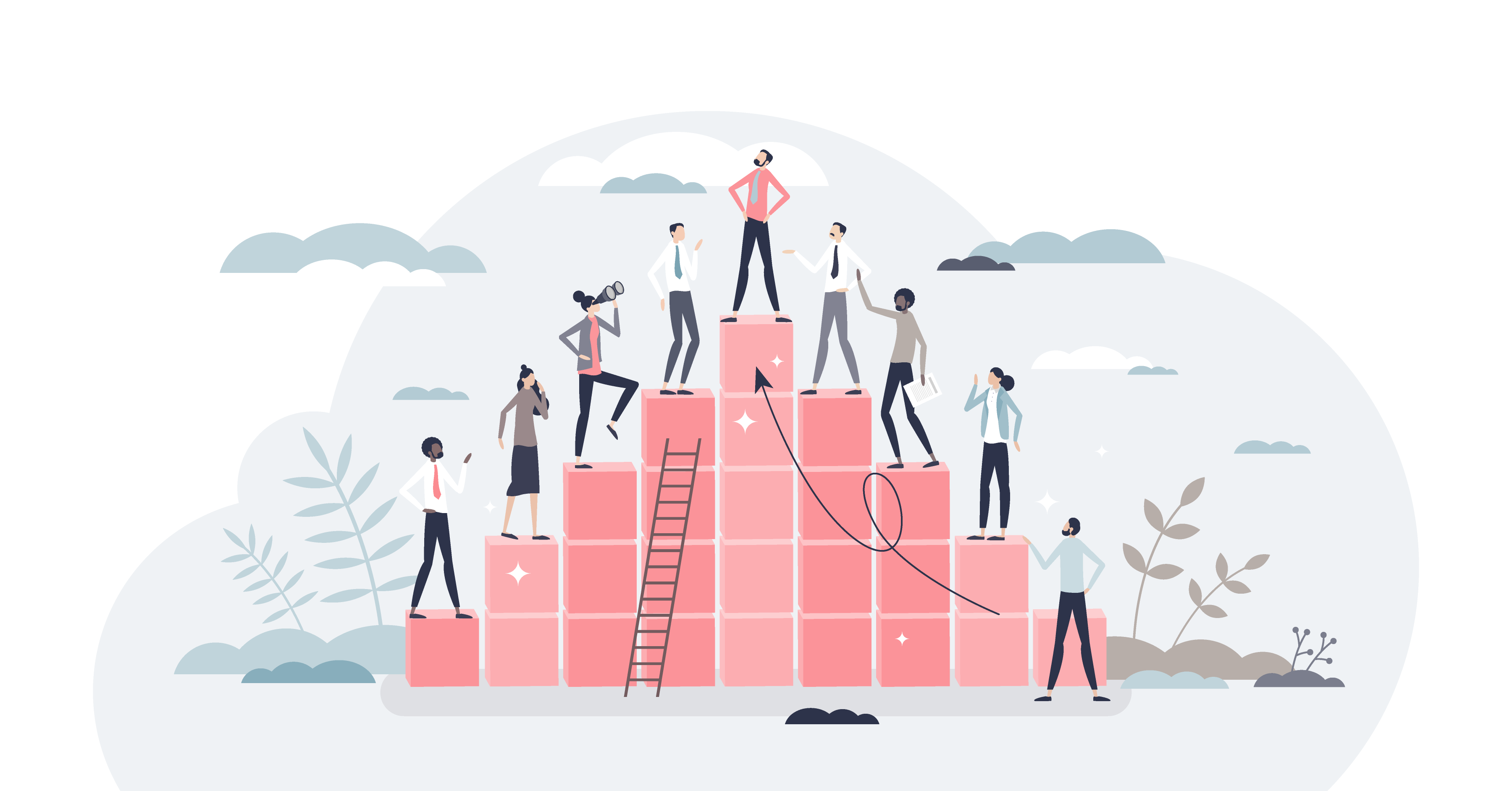 People stand atop blocks in the shape of a mountain, with people aiming to get to the top.