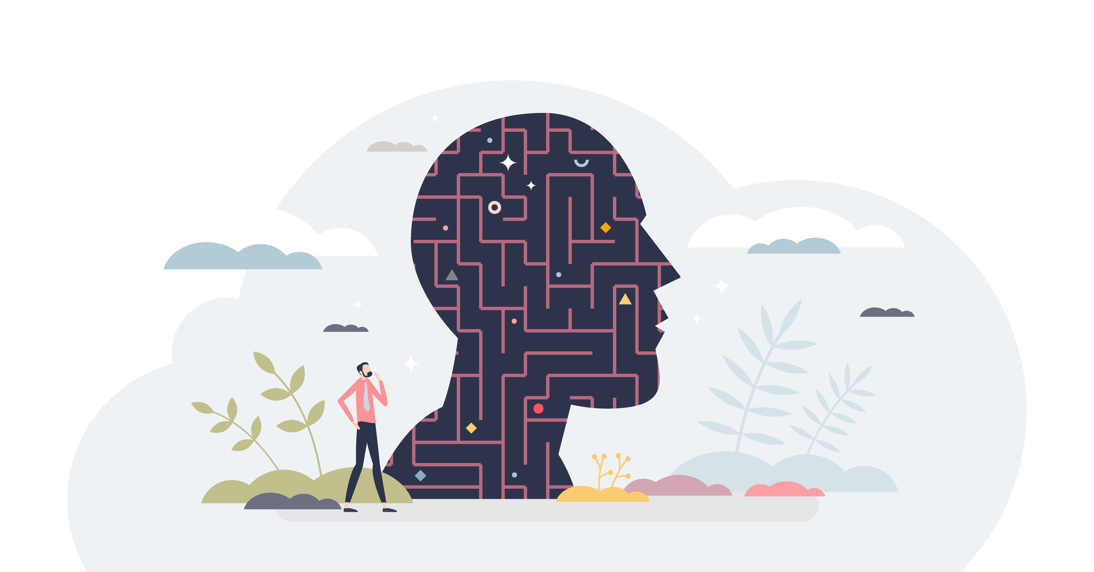 Head with a maze inside and someone looking at it thinking