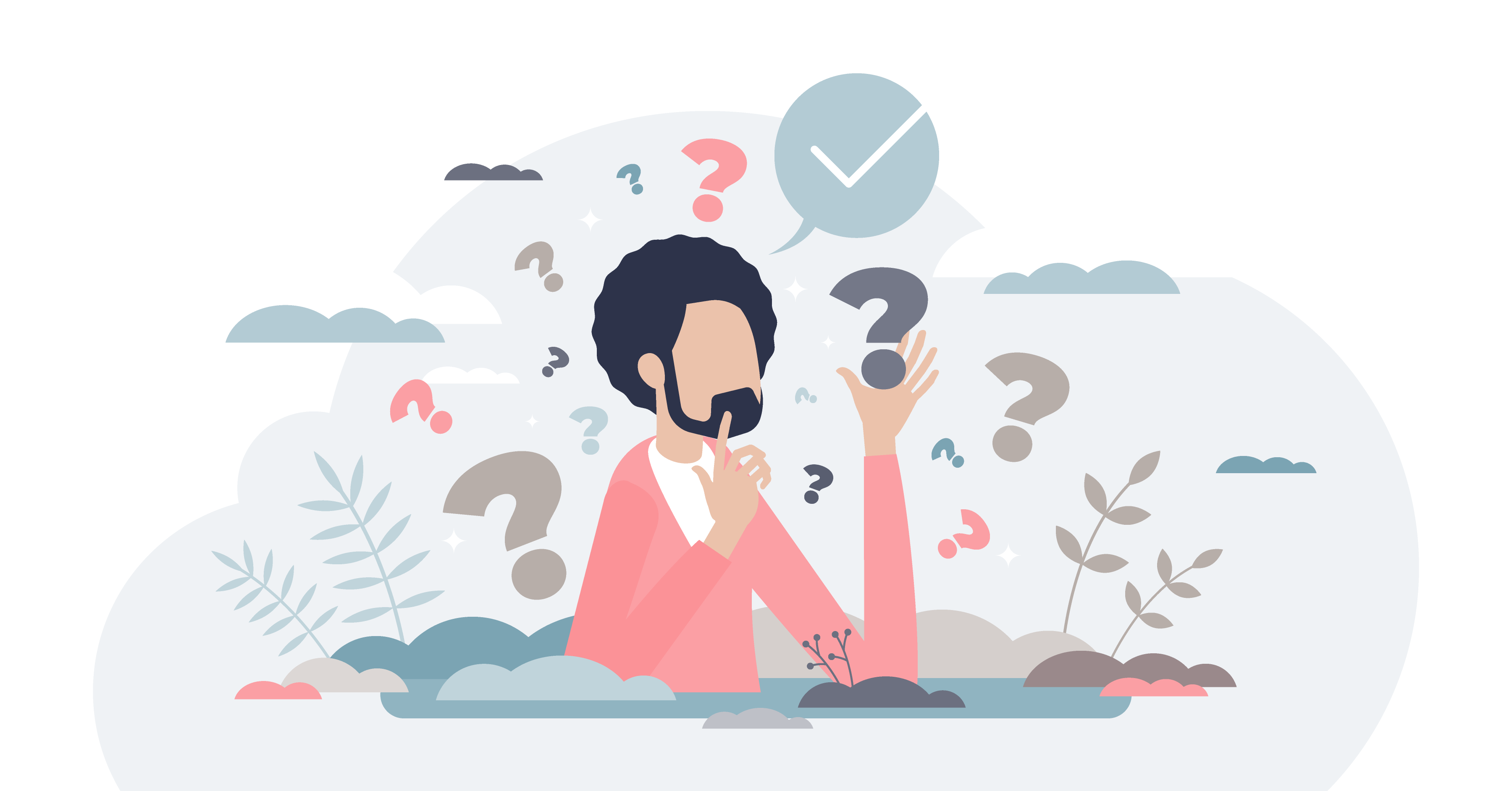 Man holding a question mark in his hand with a tick above it