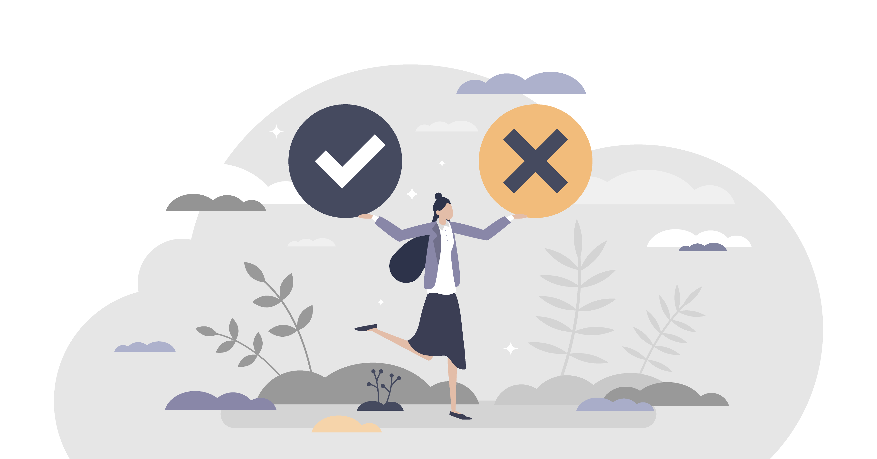 Women holding a tick and a cross in her hands