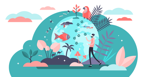 Globe with a variety of wildlife and plants with a person looking into it.